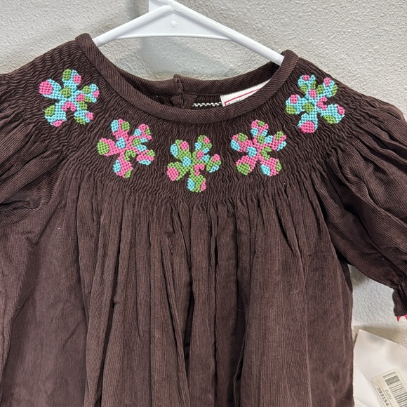 Castles & Crowns Brown Smocked corduroy Sundress‎ with Pink Floral Embroidery - Picture 4 of 7